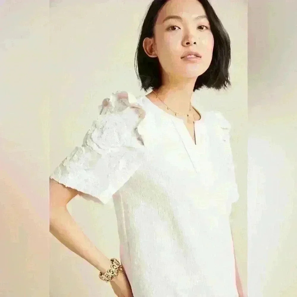 Anthropologie RARE Jacquie Lace Sleeved Top SM by Current Air Ivory Split V Neck - Picture 2 of 10